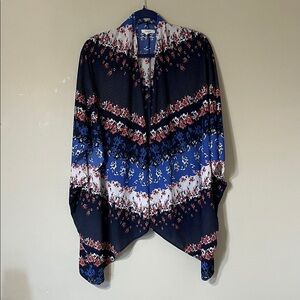 Maurices Floral Stripe Open Front Kimono - Navy, Royal Blue & White